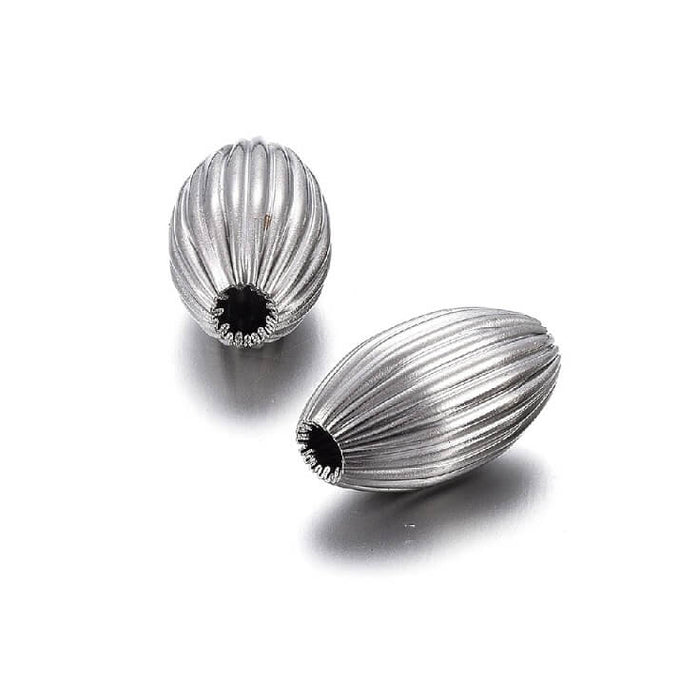 Striated oval bead stainless steel 10x6mm - hole 1.5mm (2)