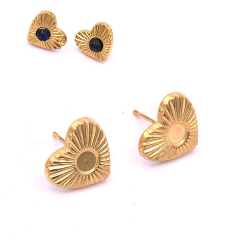 Buy Heart earrings golden stainless steel for 4mm cabochon + pushers (2)