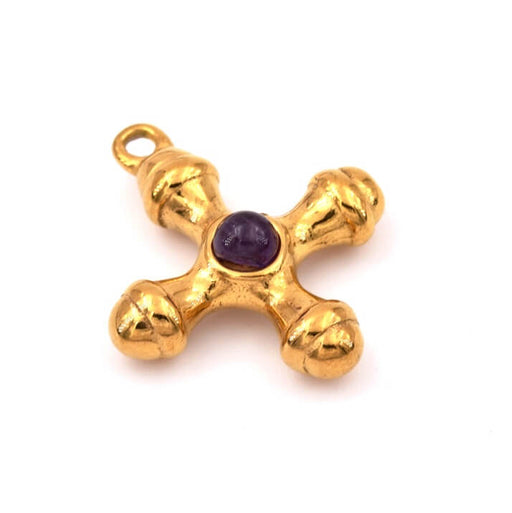 Buy Cross pendant with amethyst - Golden stainless steel 24mm (1)