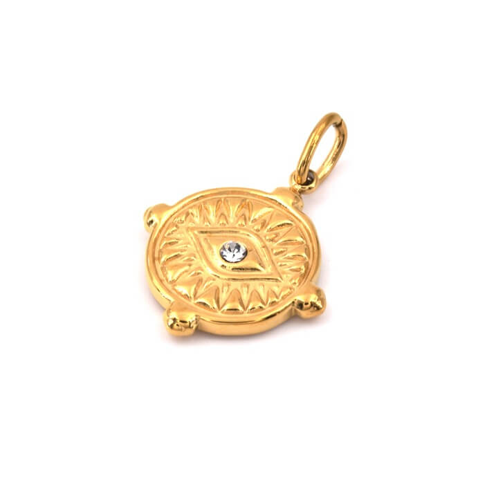 Round eye pendant and rhinestones golden stainless steel 17mm - Hole: 3mm (1)