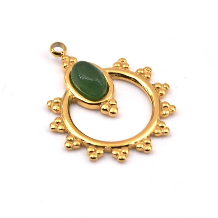 Round pendant beaded golden steel oval cabochon green jade 22x18mm (1)