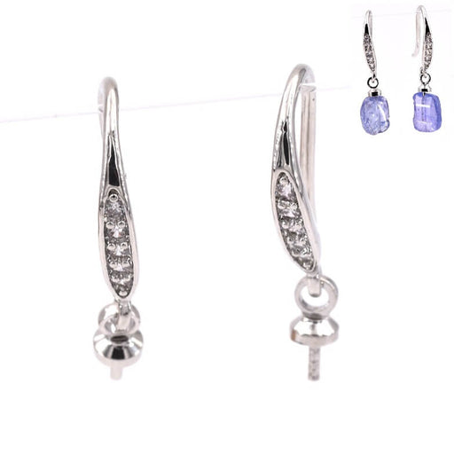 Buy Thin earrings hooks and zircons for half drilled beands 20mm rhodium-plated (2)