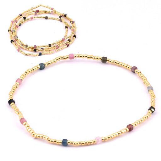 Golden Miyuki seed bracelet 2mm and tourmaline on elastic (1)