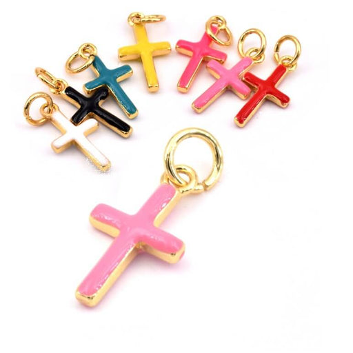 Cross charm pendant Golden-plated brass pink enamel - 15x8mm (1)