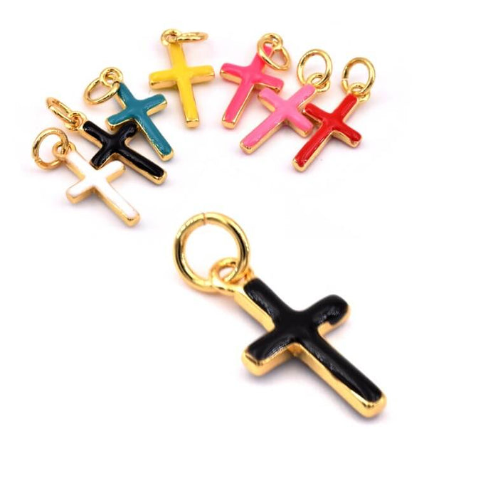 Cross charm pendant Golden-plated brass black enamel - 15x8mm (1)