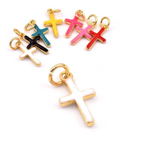 Buy Cross charm pendant Golden-plated brass white enamel - 15x8mm (1)