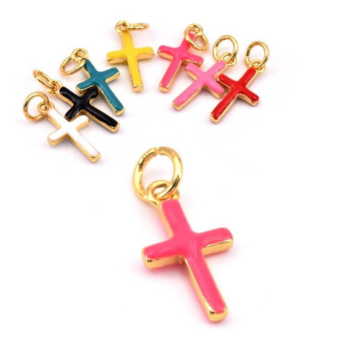 Buy Cross charm pendant Golden-plated brass neon fluo pink enamel - 15x8mm (1)