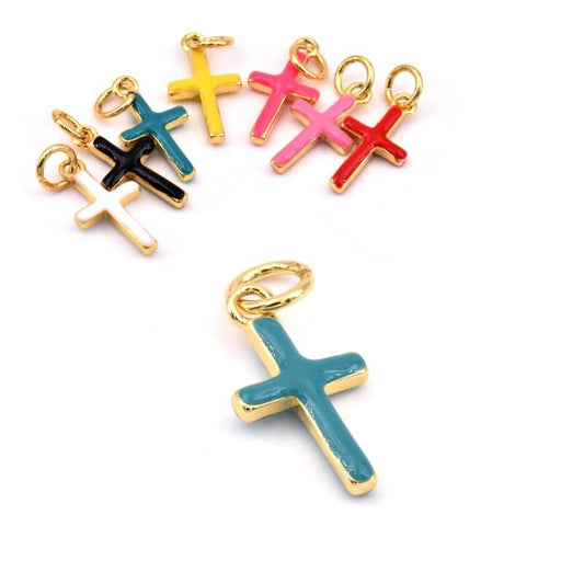 Buy Cross charm pendant Golden-plated brass green turquoise enamel - 15x8mm (1)