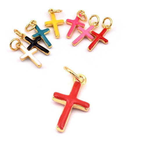 Buy Cross charm pendant Golden-plated brass red enamel - 15x8mm (1)