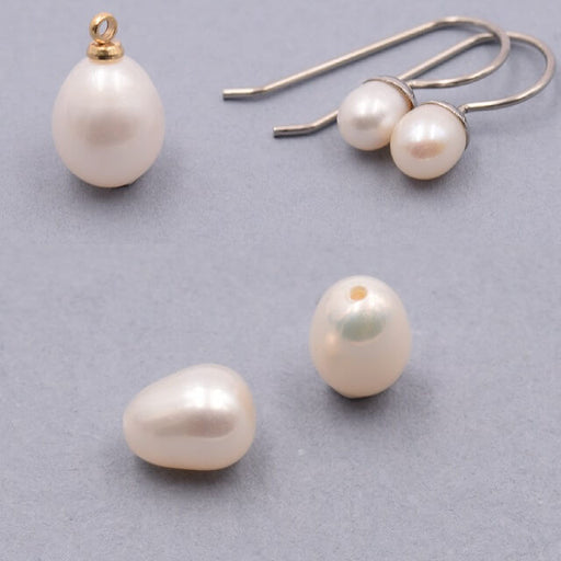 Freshwater oval pearls Semi-drilled white 9x6mm - Hole: 0.8mm (2)