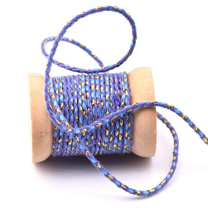 Braided cotton cord with purple and blue gold thread - 2mm (2m)