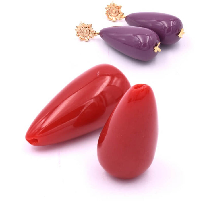 Drop resin bead Red 33x16.5mm - Hole: 1.5mm (2)