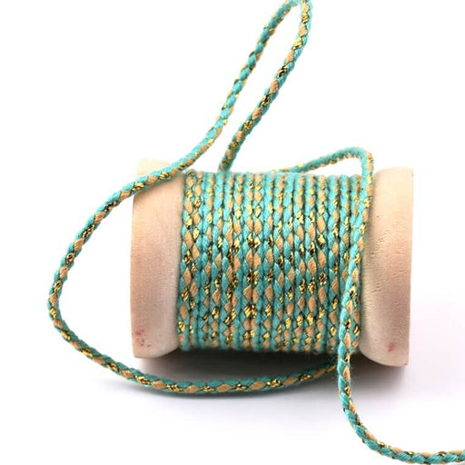 Braided cotton cord with green and beige gold thread - 2mm (2m)